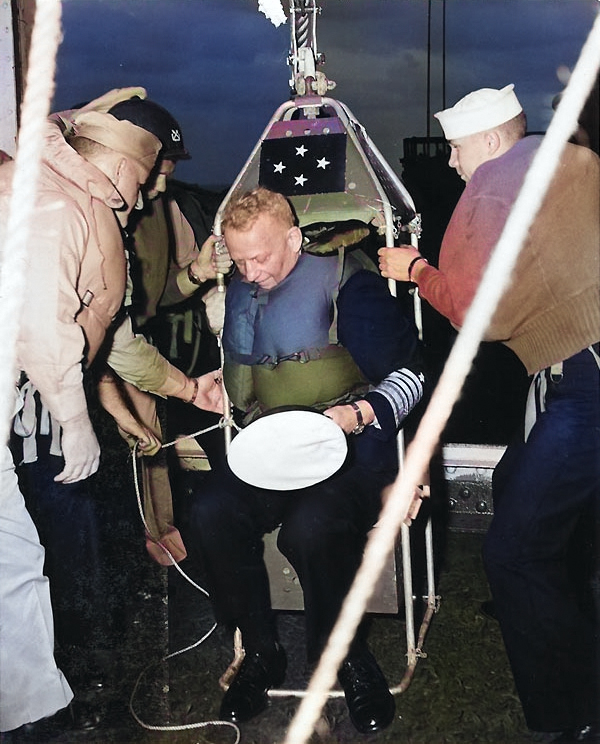 Burke immediately after being transferred by highlining from USS Gyatt to USS Boxer, Mar 1959 [Colorized by WW2DB]