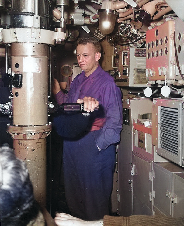 Rear Admiral Burke aboard a submarine in the early 1950s [Colorized by WW2DB]