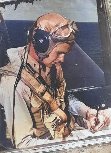 George Bush in the cockpit of his TBF Avenger torpedo bomber, mid-1944 [Colorized by WW2DB]