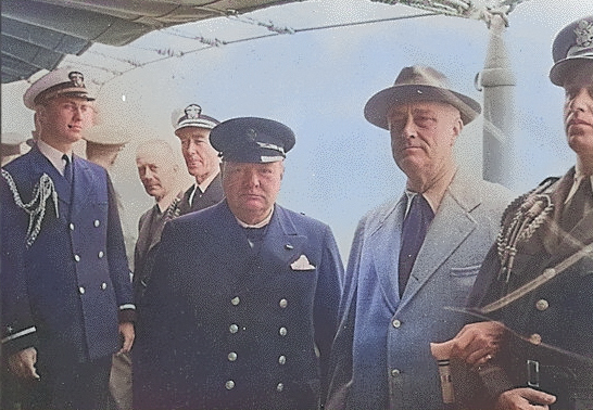 Winston Churchill, Franklin Roosevelt, and Roosevelt's sons Franklin and Eliott aboard USS Augusta off Newfoundland, Aug 1941, photo 2 of 2 [Colorized by WW2DB]