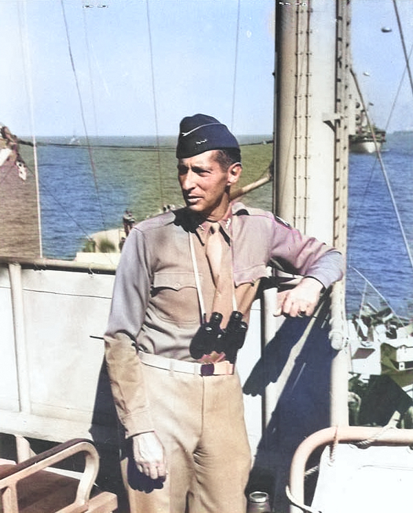 Clark aboard USS Ancon, off Salerno, Italy, 12 Sep 1943 [Colorized by WW2DB]