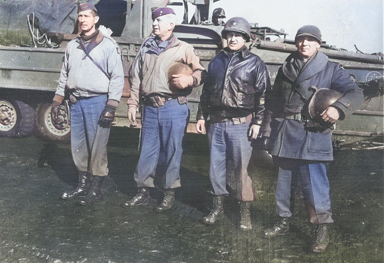 US Army Lieutenant General Mark Clark posing with his brigade commanders in front of a DUKW, 1944 [Colorized by WW2DB]