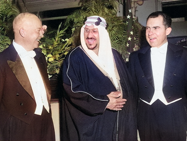 US President Dwight Eisenhower, King Saudi of Saudi Arabia, and US Vice President Richard Nixon at the Mayflower Hotel, Washington DC, United States, 1957 [Colorized by WW2DB]