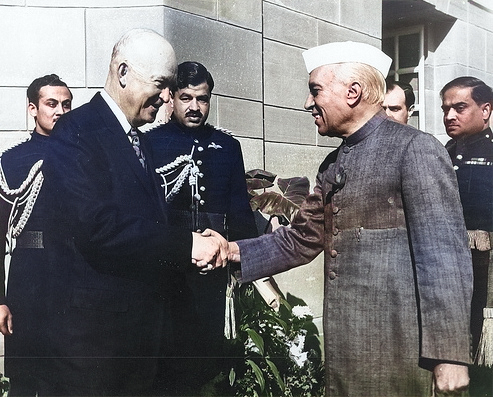 US President Dwight Eisenhower and Indian Prime Minister Jawaharlal Nehru, Parliament House, New Delhi, India, 1959 [Colorized by WW2DB]