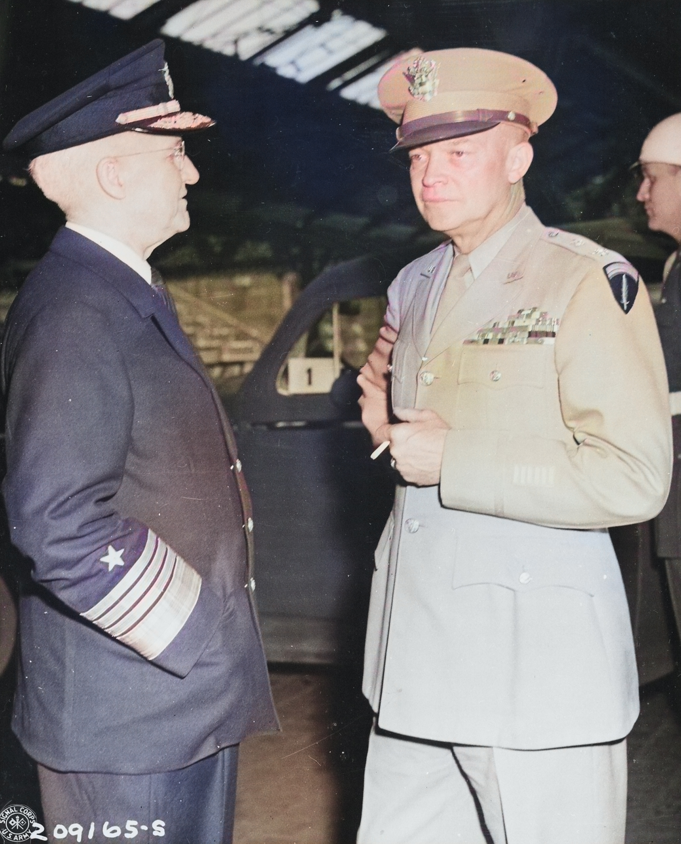 Admiral Harold Stark and General Dwight Eisenhower at Antwerp, Belgium, 15 Jul 1945, photo 2 of 2; they were awaiting the arrival of US President Harry Truman, en route for the Potsdam Conference [Colorized by WW2DB]