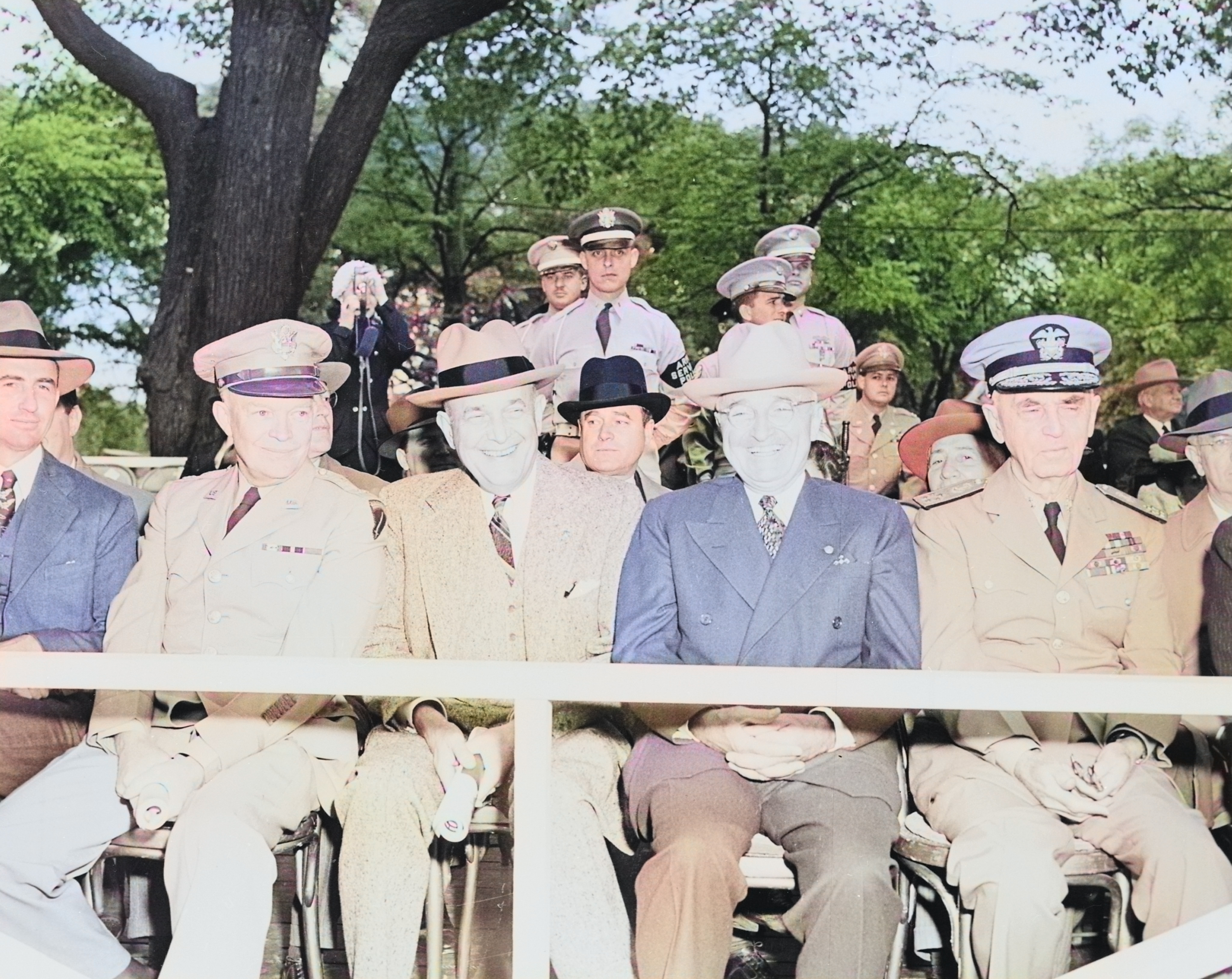 General Dwight Eisenhower, US Secretary of Defense Louis Johnson, US President Harry Truman, and Admiral William Leahy at the Arm Forces Day parade, 20 May 1950, photo 1 of 2 [Colorized by WW2DB]