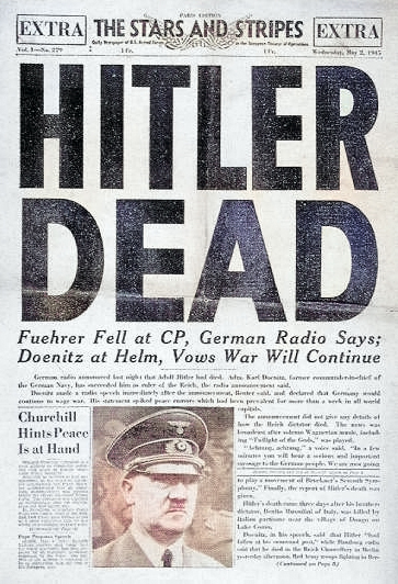 Hitler's death as reported by the 2 May 1945 issue of US Army magazine Stars and Stripes [Colorized by WW2DB]