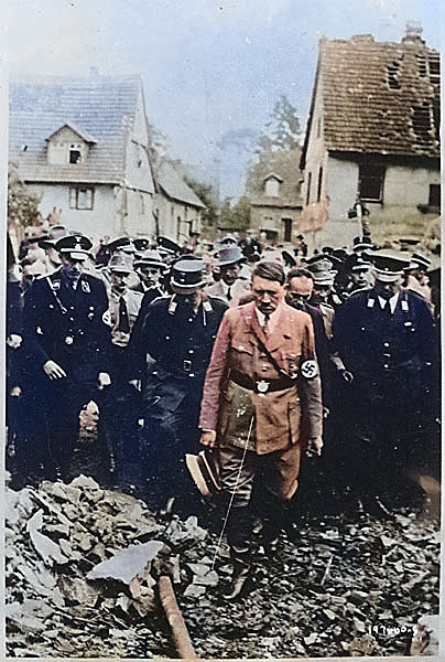 Hitler inspected an accident site in an unidentified German city, 1933-1934 [Colorized by WW2DB]