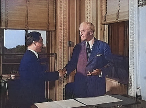 US Secretary of State Hull and Republic of China Ambassador Wei Daoming at the State Department, Washington DC, United States, circa 1940s [Colorized by WW2DB]