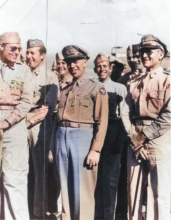 American officers LtCol Richard H Carmichael, 19th Bomb Group CO, MGen George C Kenney, 5th Air Force CO, and BGen Kenneth N Walker, V Bombing Command CO at Port Moresby, New Guinea, 1942 [Colorized by WW2DB]