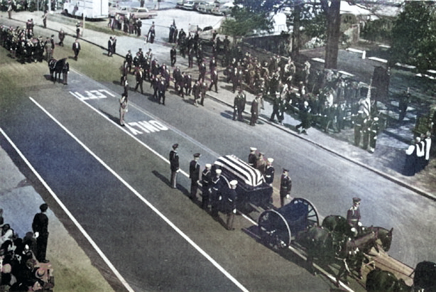 Funeral procession of Douglas MacArthur halting outside of St. Paul's Episcopal Church, Norfolk, Virginia, United States, 9 Apr 1964 [Colorized by WW2DB]