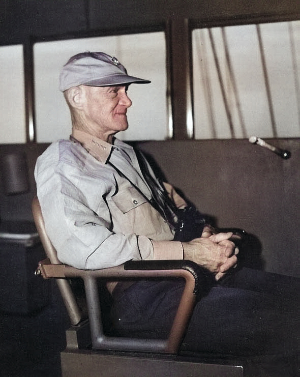 Admiral Mitscher at the bridge of his flagship, circa 1946 [Colorized by WW2DB]