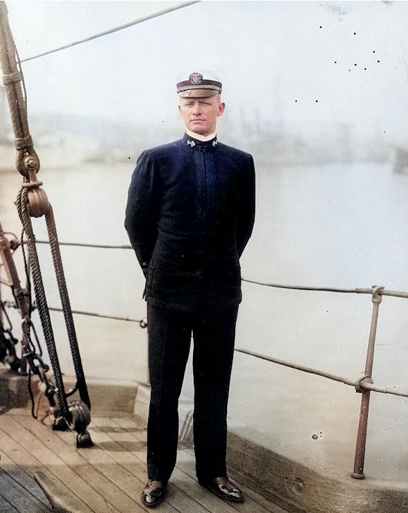 Ensign Chester Nimitz aboard a US Navy training ship, circa 1907 [Colorized by WW2DB]