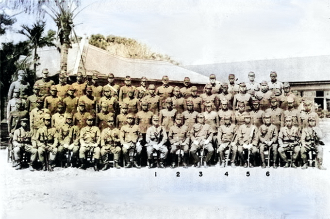 Japanese officers Rear Admiral Minoru Ota, Lieutenant General Mitsuru Ushijima, Lieutenant General Isamu Cho, Colonel Hitoshi Kanayama, Colonel Kiuji Hongo, and Colonel Hiromichi Yahara, in numbered order, Okinawa, Japan, early Feb 1945 [Colorized by WW2DB]