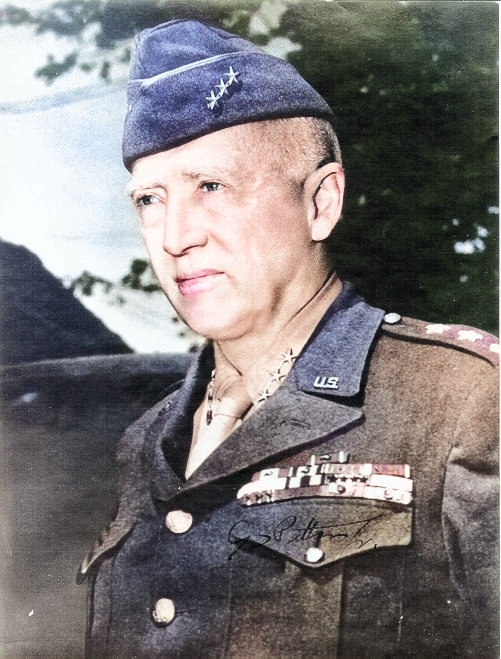 Lieutenant General Patton, Néhou, Basse-Normandie, France, 7 Jul 1944; note autograph on left breast pocket in the photograph [Colorized by WW2DB]