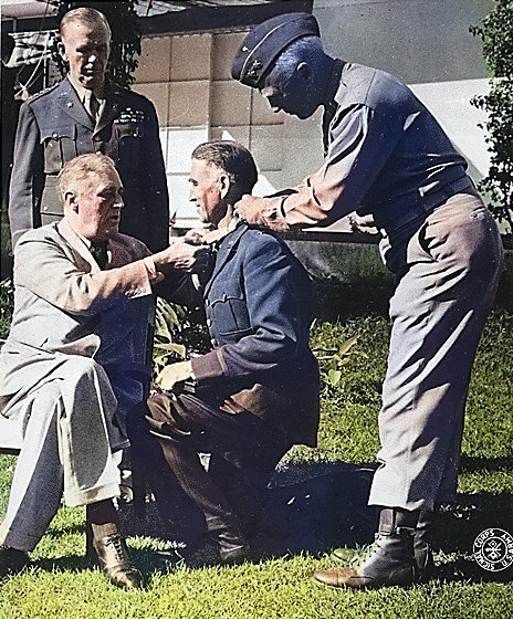Franklin Roosevelt awarding Brigadier General William Wilbur the Medal of Honor, Casablanca, French Morocco, 22 Jan 1943; note George Marshall in background and George Patton assisting. Photo 1 of 2. [Colorized by WW2DB]
