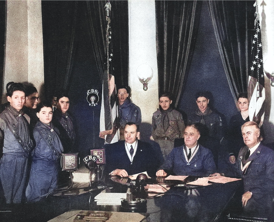 President of Boy Scouts of America Walter Head, US President Franklin Roosevelt, and Chief Scout Executive James West at the Oval Office, White House, Washington DC, United States, 8 Feb 1937 [Colorized by WW2DB]