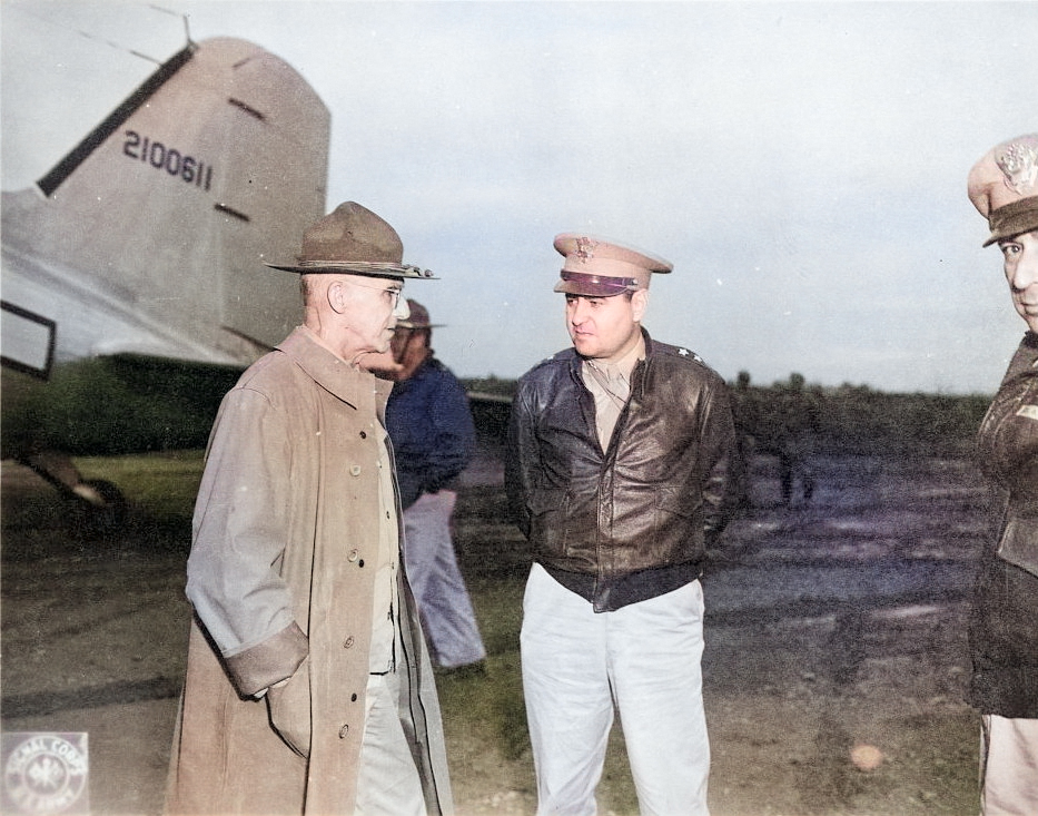 General Joseph Stilwell and Major General Curtis LeMay at an American airfield in China, 11 Oct 1944 [Colorized by WW2DB]