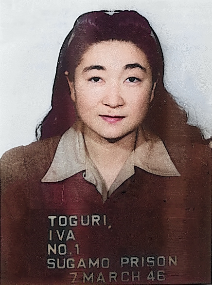 Mug shot of Iva Toguri, taken at Sugamo Prison, Tokyo, Japan, 7 Mar 1946, photo 1 of 2 [Colorized by WW2DB]