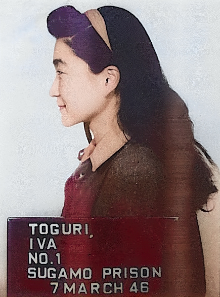 Mug shot of Iva Toguri, taken at Sugamo Prison, Tokyo, Japan, 7 Mar 1946, photo 2 of 2 [Colorized by WW2DB]