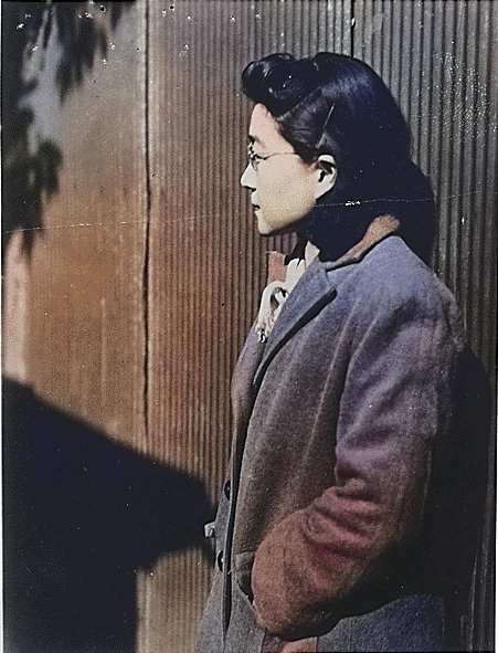 Iva Toguri at Radio Tokyo, Japan, 5 Dec 1944, photo 3 of 5 [Colorized by WW2DB]