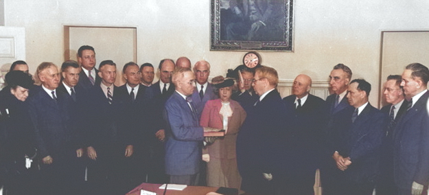 Harry Truman being sworn in as the President of the United States, White House, Washington DC, United States, 12 Apr 1945 [Colorized by WW2DB]