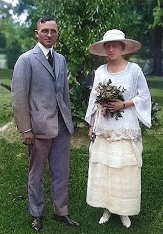 Wedding photo of Harry Truman and Bess Wallace, 219 N. Delaware, Independence, Missouri, United States, 28 Jun 1919 [Colorized by WW2DB]