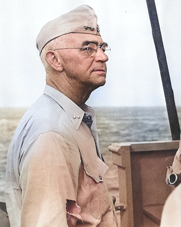 Rear Admiral Richmond Turner aboard USS Rocky Mount off Kwajalein, Marshall Islands, 18 Feb 1944 [Colorized by WW2DB]