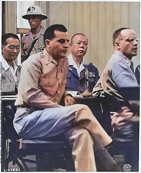 Yamashita at Manila war crime trial with his attorneys Sandberg and Reel, 1945 [Colorized by WW2DB]