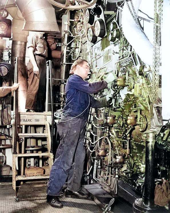 Working on one of USS Alabama's boilers, Jan 1943 [Colorized by WW2DB]