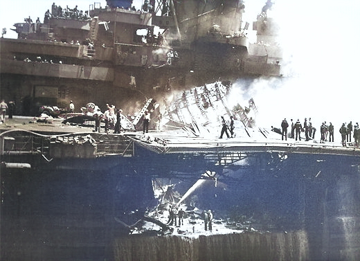 Wreckage of Ogawa's aircraft after his special attack on USS Bunker Hill, 11 May 1945 [Colorized by WW2DB]