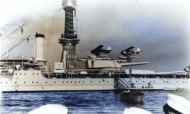 Liberty party from battleship California prepared to go ashore, 1940; note SOC-3 floatplanes atop Turret #3 and on after catapult [Colorized by WW2DB]
