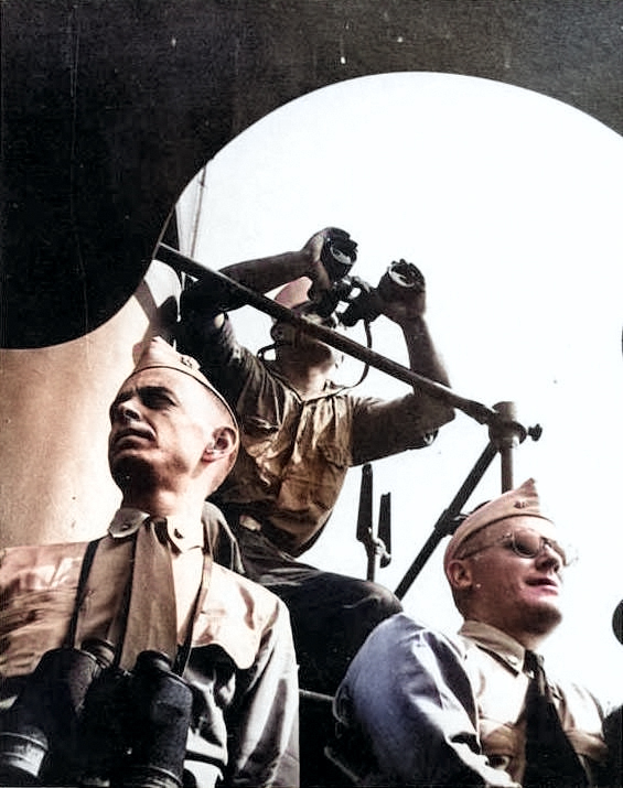 Officers and men at the bridge of USS Cero, Groton, Connecticut, United States, Jul-Aug 1943 [Colorized by WW2DB]