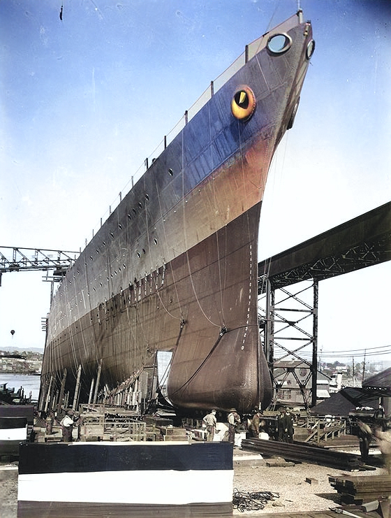 Chicago being prepared for launching, at the Mare Island Navy Yard, California, 8 Apr 1930 [Colorized by WW2DB]