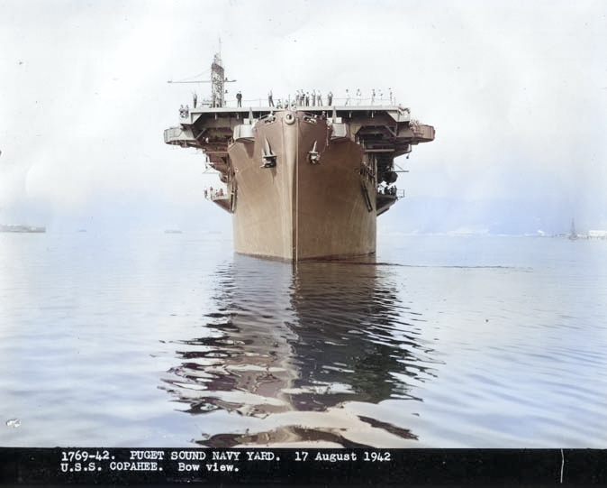 USS Copahee at the Puget Sound Navy Yard, Bremerton, Washington, United States, 17 Aug 1942, photo 1 of 2 [Colorized by WW2DB]