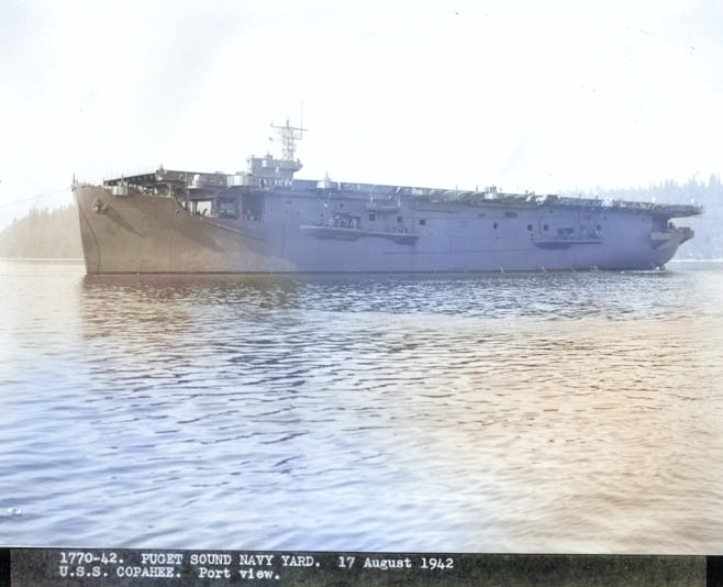 USS Copahee at the Puget Sound Navy Yard, Bremerton, Washington, United States, 17 Aug 1942, photo 2 of 2 [Colorized by WW2DB]