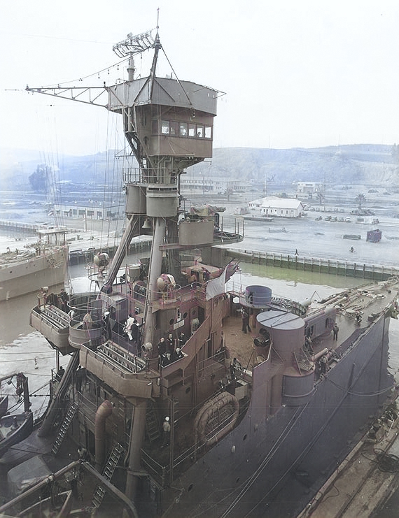 Plan view of Detroit's forward superstructure and bow area, Mare Island Navy Yard, California, United States, 18 Feb 1942 [Colorized by WW2DB]