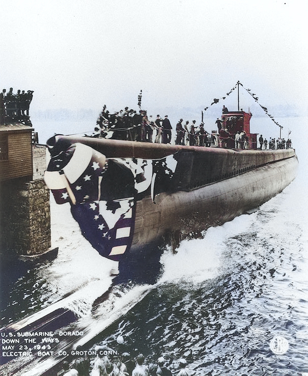 Launching of submarine Dorado, Groton, Connecticut, United States, 23 May 1943 [Colorized by WW2DB]