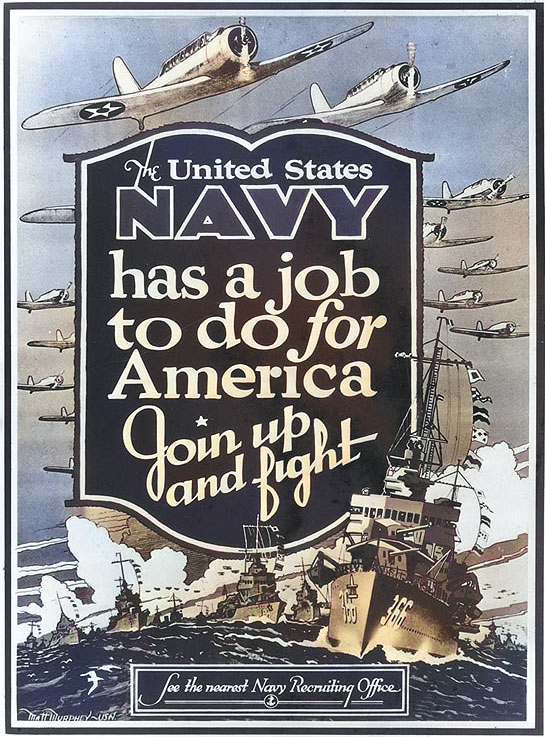 US Navy recruiting poster by Matt Murphey, Oct 1940; note destroyer Drayton featured in the poster [Colorized by WW2DB]