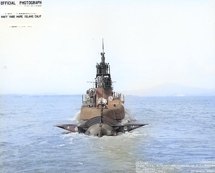 USS Flier at Mare Island Naval Shipyard, Vallejo, California, United States, 20 Apr 1944, photo 3 of 4 [Colorized by WW2DB]