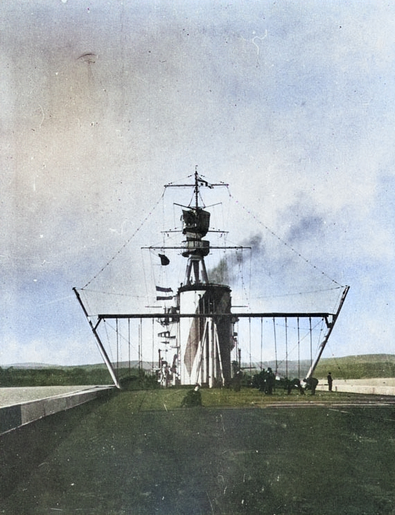 Looking forward from Furious' landing-on deck at the stern, 1918 [Colorized by WW2DB]