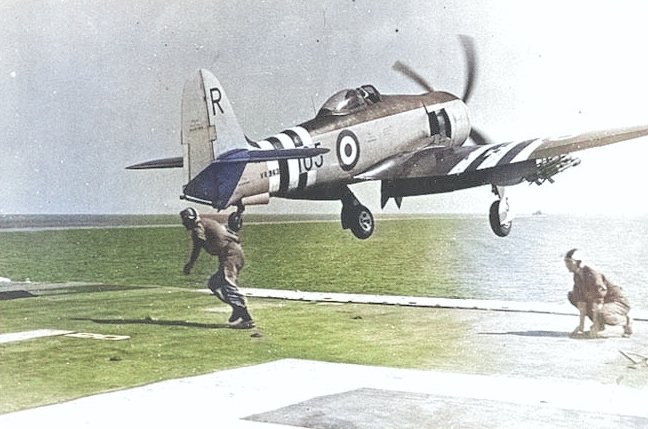 Sea Fury FB.11 fighter launching from HMS Glroy, off Korea, circa Jun 1951 [Colorized by WW2DB]