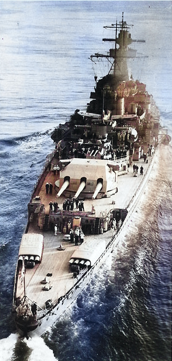 Panzerschiff Admiral Graf Spee in the English Channel, Apr 1939, photo 3 of 3; note Arado Ar 196 A-1 floatplane her catapult [Colorized by WW2DB]