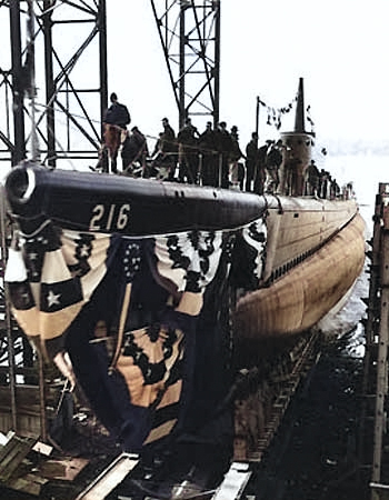 Launching of USS Grunion, 22 Dec 1941 [Colorized by WW2DB]