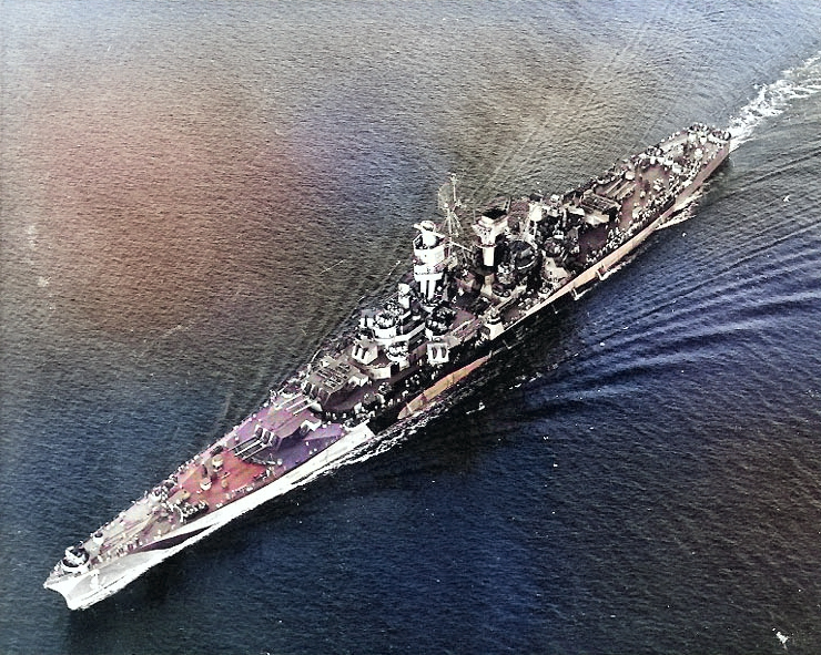 USS Guam off Trinidad during her shakedown cruise, 13 Nov 1944, photo 1 of 2 [Colorized by WW2DB]