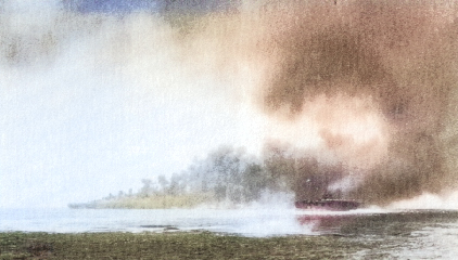 Damaged USS Hancock hiding in smoke, off Okinawa, Japan, 7 Apr 1945 [Colorized by WW2DB]