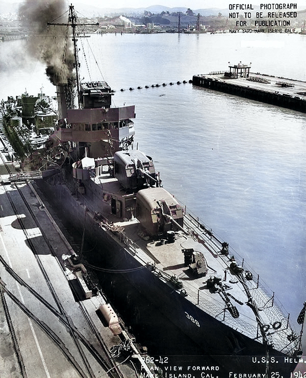 Plan view, forward, of destroyer Helm, Mare Island Navy Yard, California, United States, 25 Feb 1942 [Colorized by WW2DB]