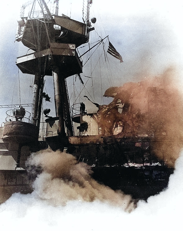 Damage to Hornet's smokestack and signal bridge at Battle of Santa Cruz Islands, 26 Oct 1942 [Colorized by WW2DB]