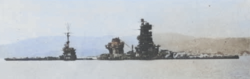 Hybrid battleship-carrier Hyuga sunk in shallow waters, near Kure, Japan, late 1945 [Colorized by WW2DB]