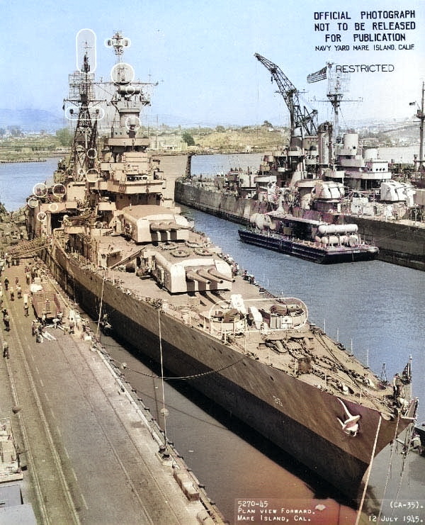 Indianapolis at Mare Island Navy Yard, CA, for upgrades, 12 Jul 1945, photo 1 of 4 [Colorized by WW2DB]